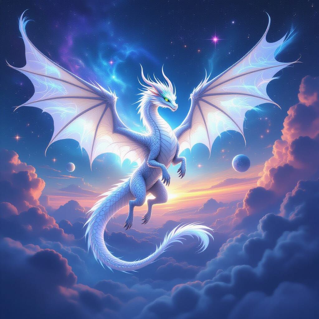 Ethereal Dragon in Cosmic Landscape, Impressionistic Style