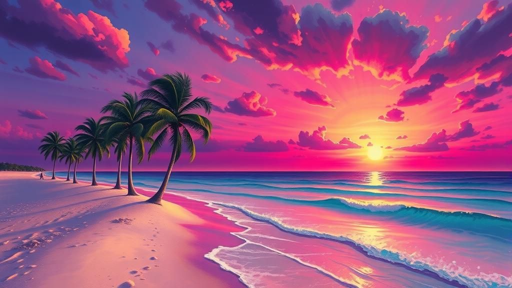 Impressionist Seascape with Purple Sunset and Palms