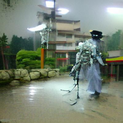 Robotic Samurai in Rain with Ghostly Figure