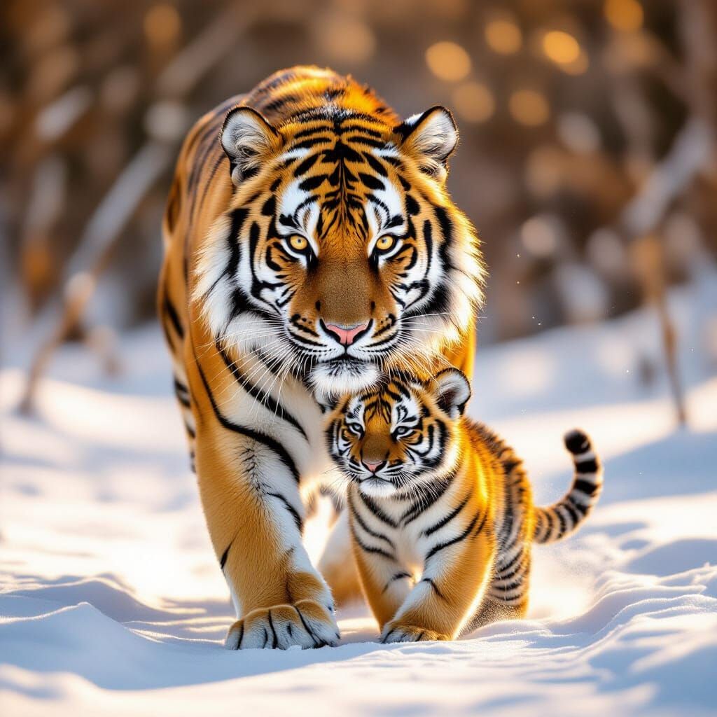 Bengal Tigress Carries Cub Through Snowy Golden Hour
