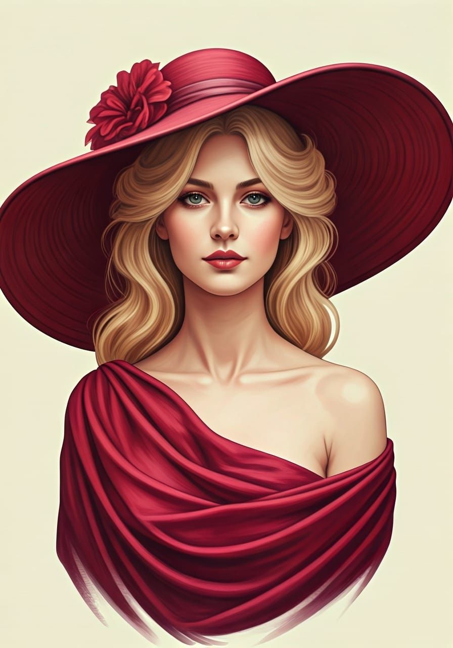Elegant Woman in Red Hat: An Art Nouveau Portrait
