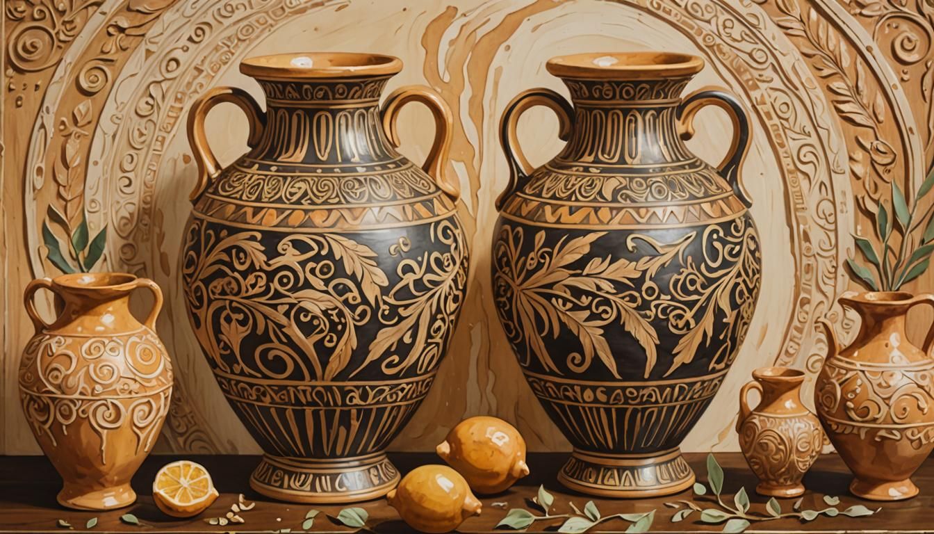 Ornate Amphora with Intricate Glaze, in Gouache Style