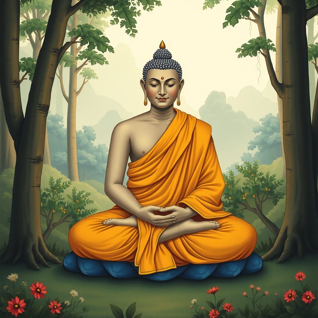 Siddhartha Gautama in Forest, as Thangka Painting