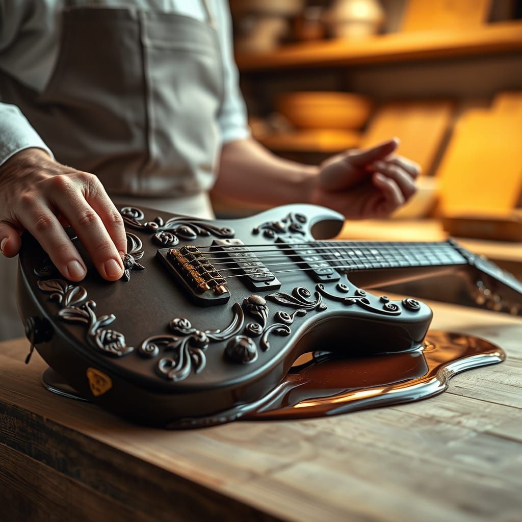Chocolate Guitar Sculpture with Baroque Floral Details