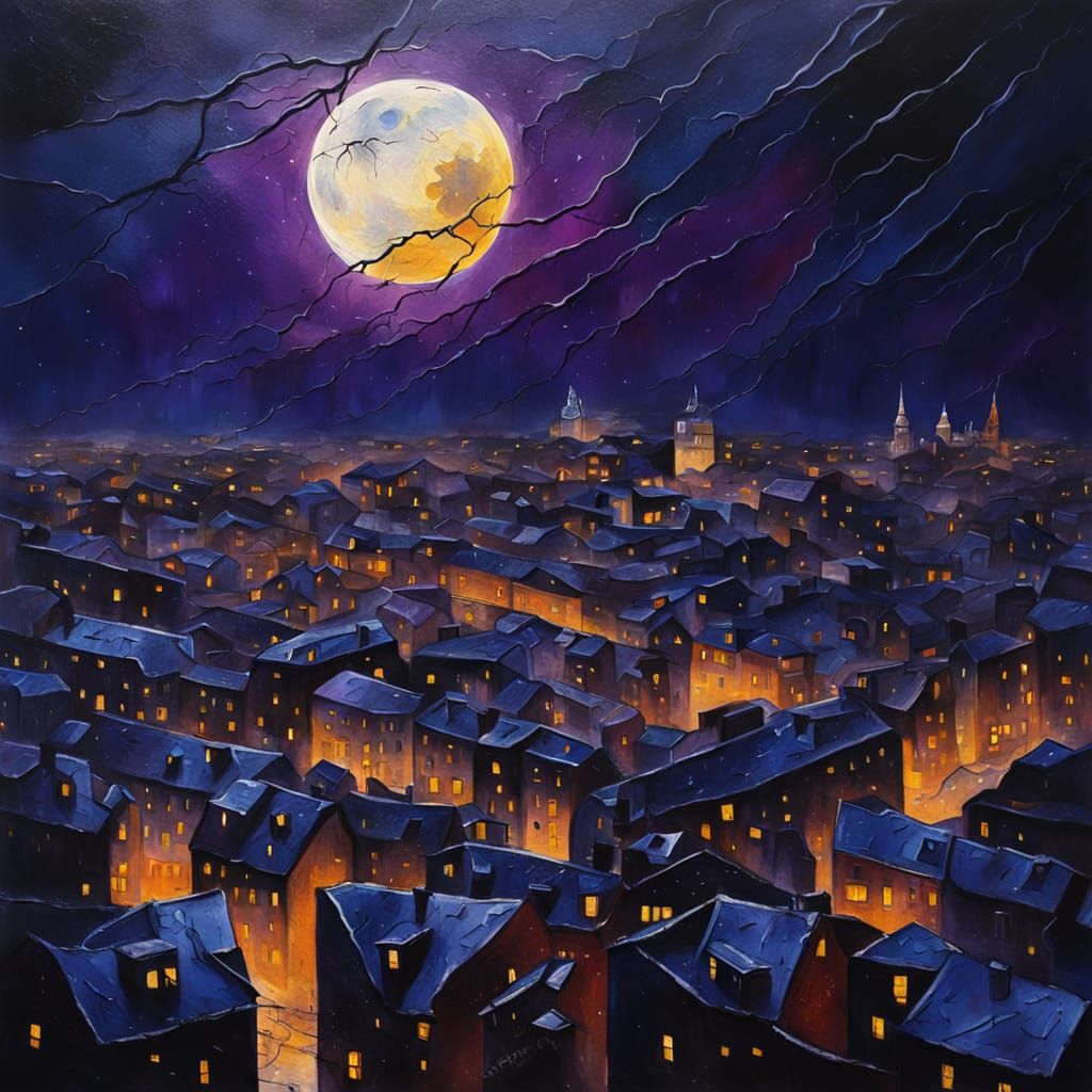 Surreal Moon Over Night City in France