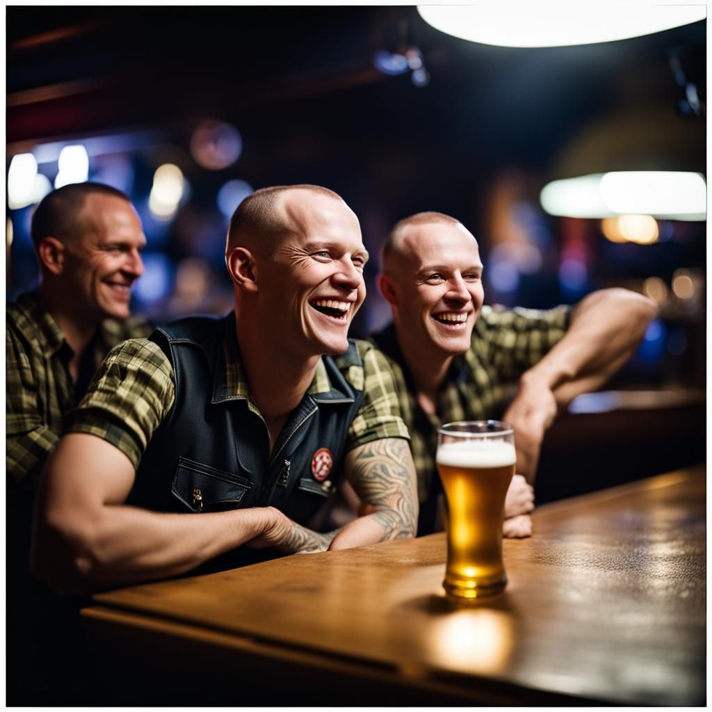 Young laughing bald men in a bar.