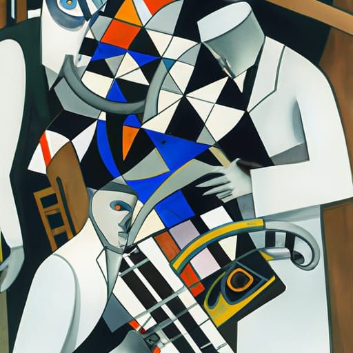 Scientists Observing DNA in Abstract Cubism Style