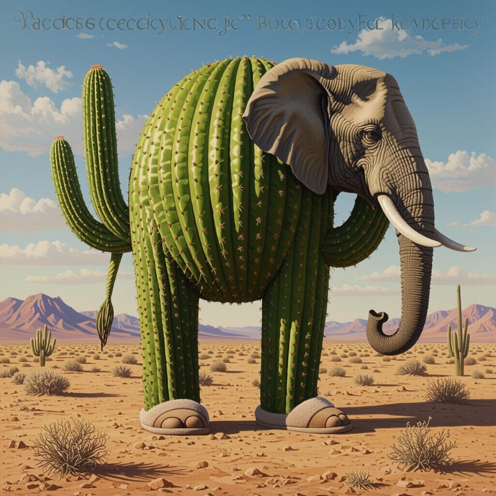 Surreal Elephant Cactus With Slippers in Desert