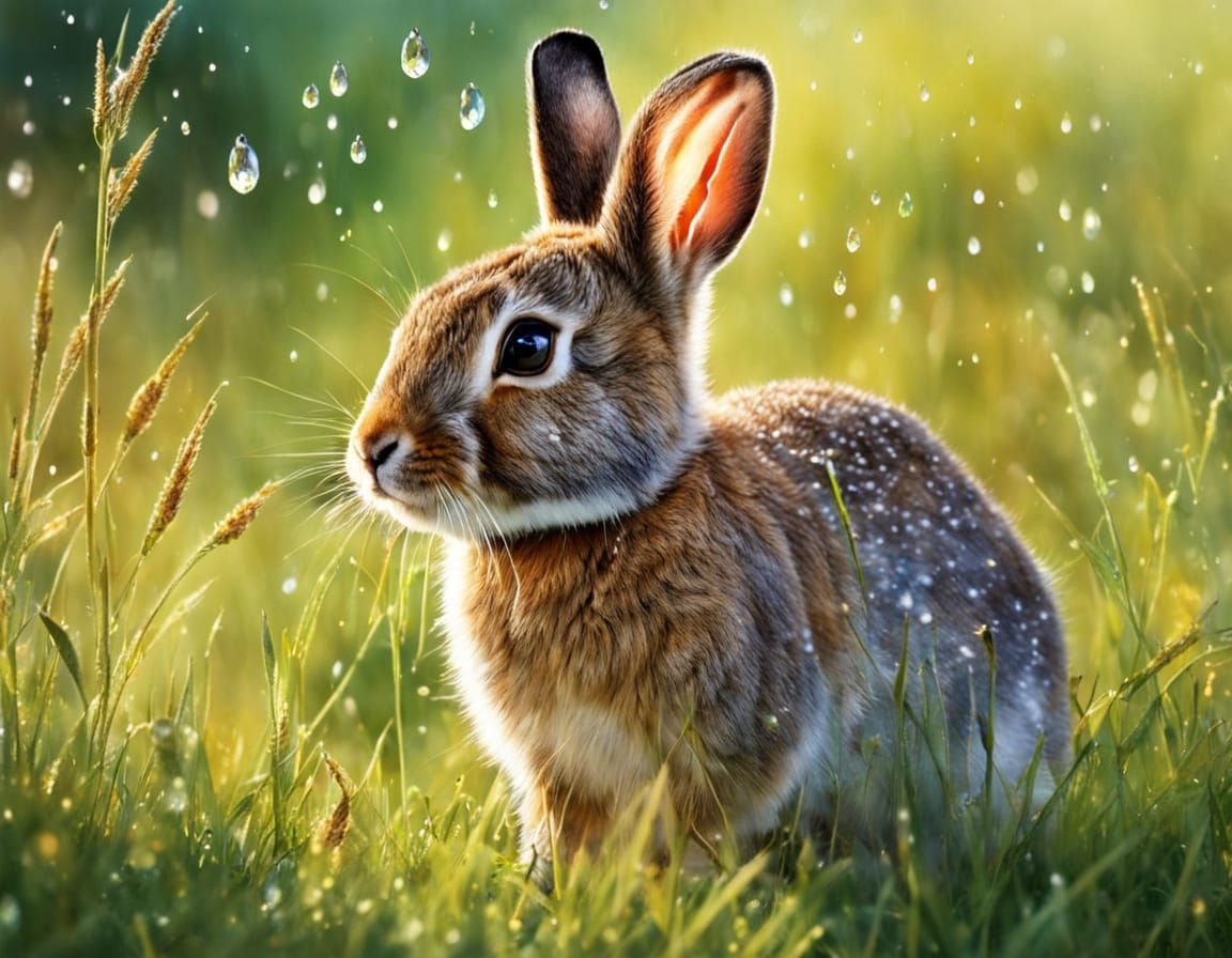 Delicate Watercolor of Rabbit in Dewy Meadow