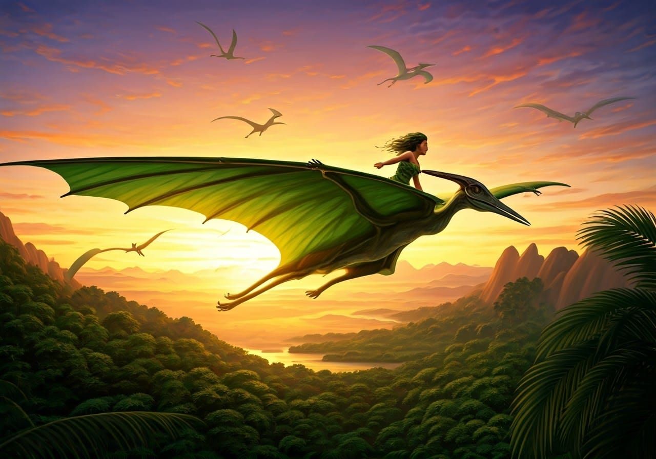 Human Riding Leonardo da Vinci Ornithopter in a Dramatic Sky