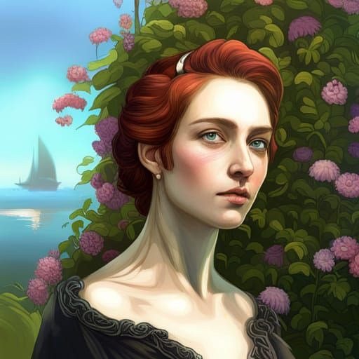 Victorian Gothic Portrait in Flower Garden, Detailed Art