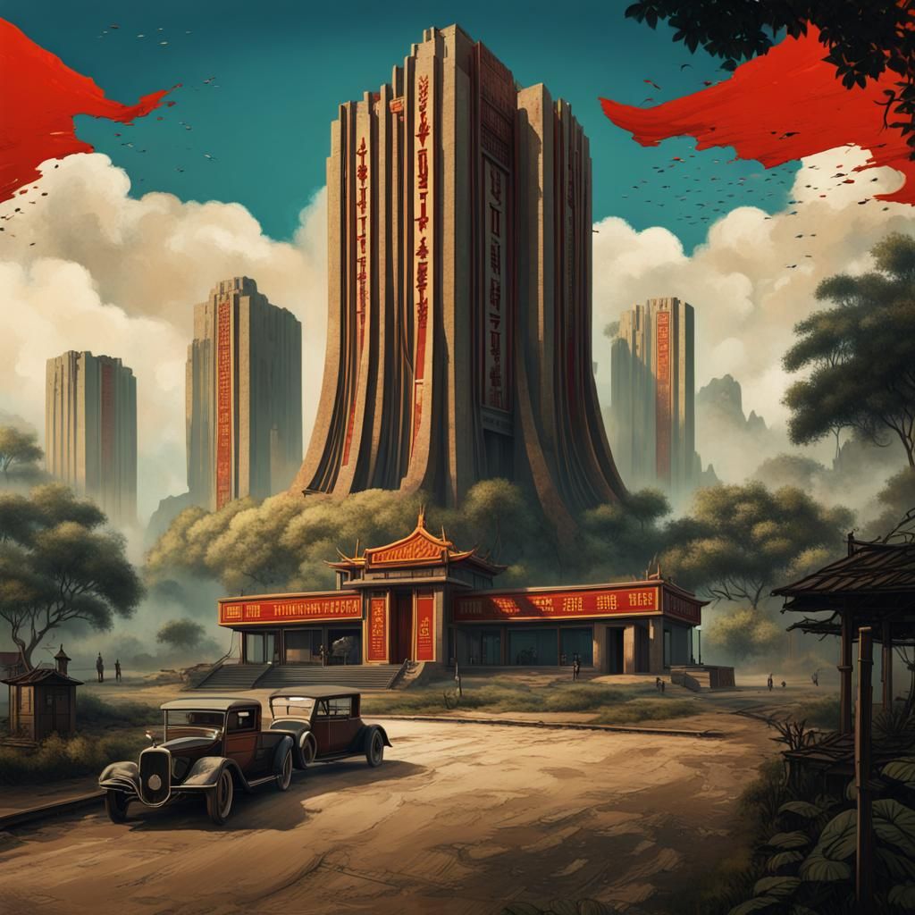 Vietnamese Landmarks in Brutalist Propaganda Poster Style