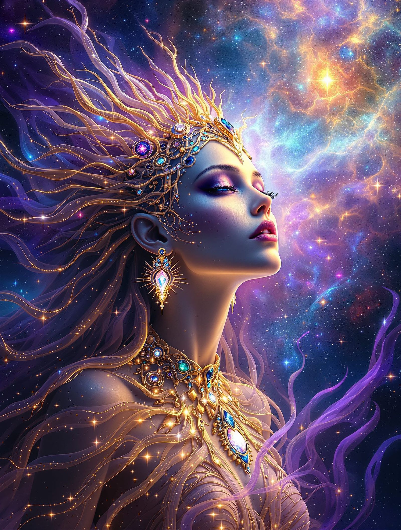 Ethereal Dreamweaver & Alien Queen in Cosmic Tapestry