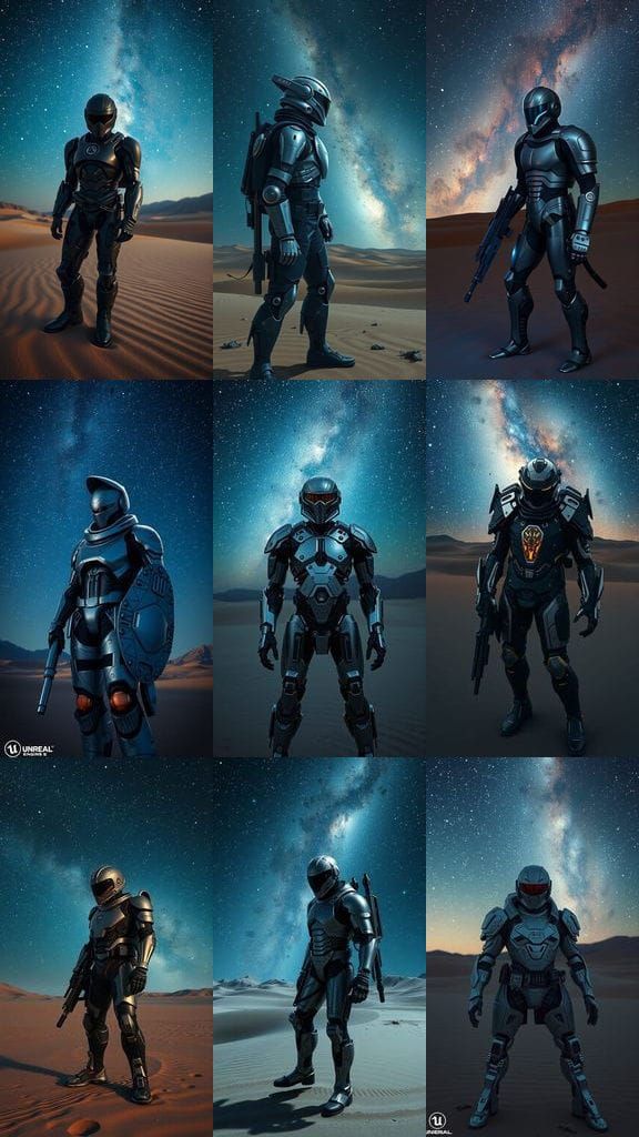 Cybernetic Warrior Basks in Starlight Under Desert Skies