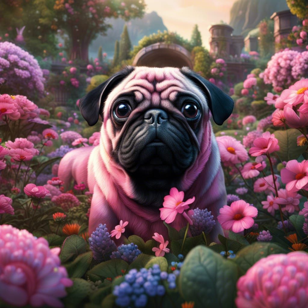 Pink and Black Pugs in Fantastical Garden Art