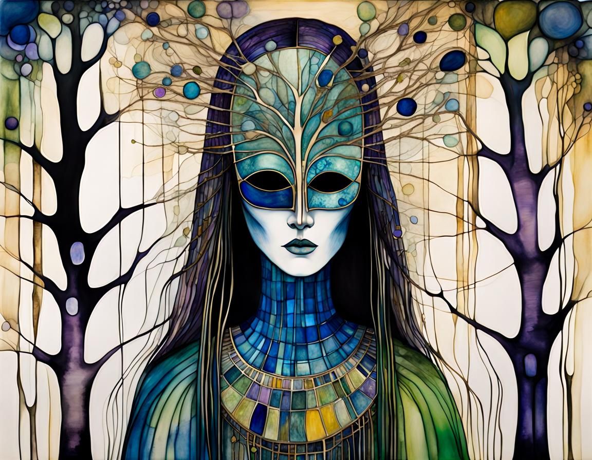 Surreal Masked Figure in Tree Village