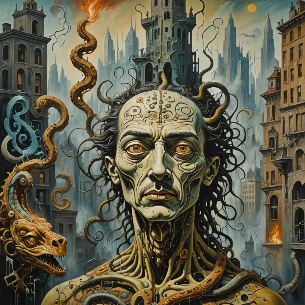 Surrealist Humanoid Figure in Melting Cityscape