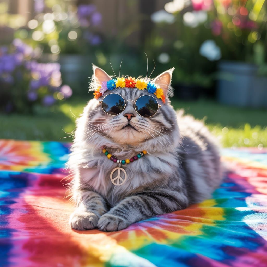 Hippie Cat with Peace Necklace on Tie-Dye Blanket