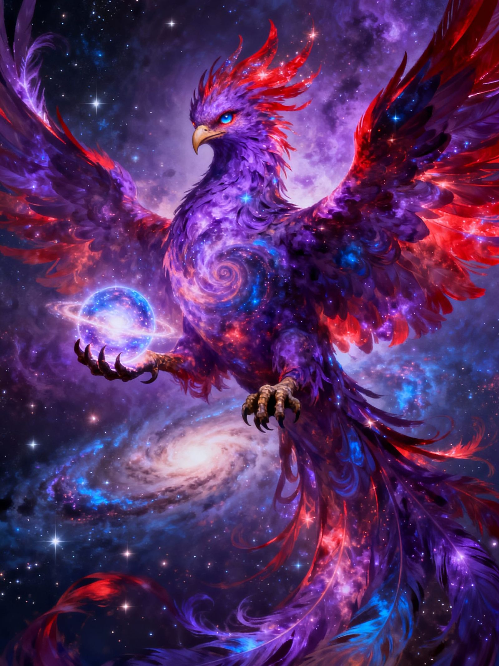 Cosmic Phoenix Holding Galaxy, Nebula Body, Digital Matte Pa...