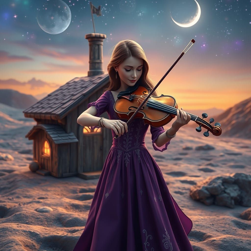 Lunar Fantasy: Enchanted Violinist in Rustic Abode