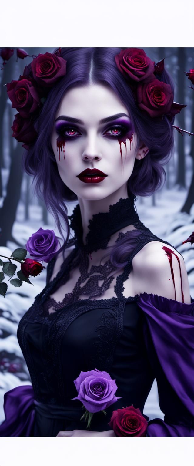 Vampire Girl in Snowy Forest with Roses
