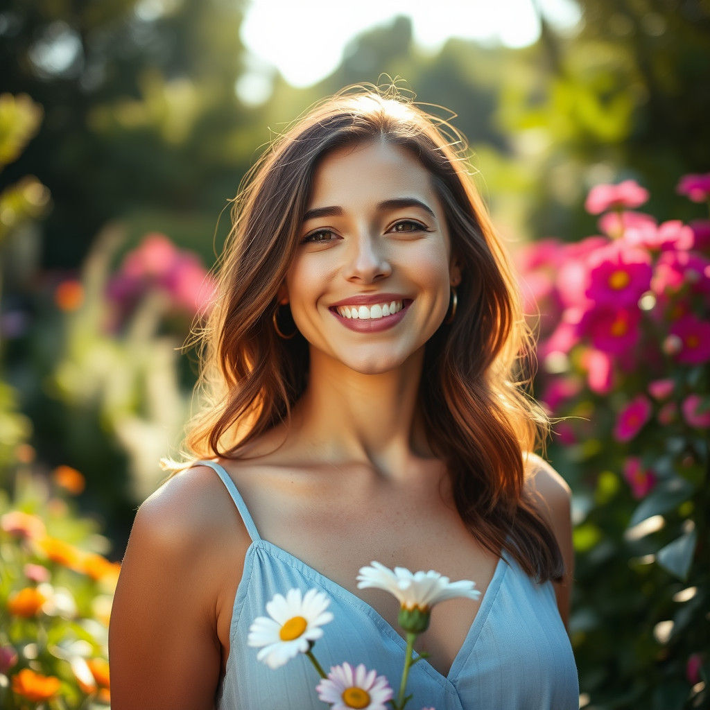 Serene Woman in Sun-Drenched Summer Garden