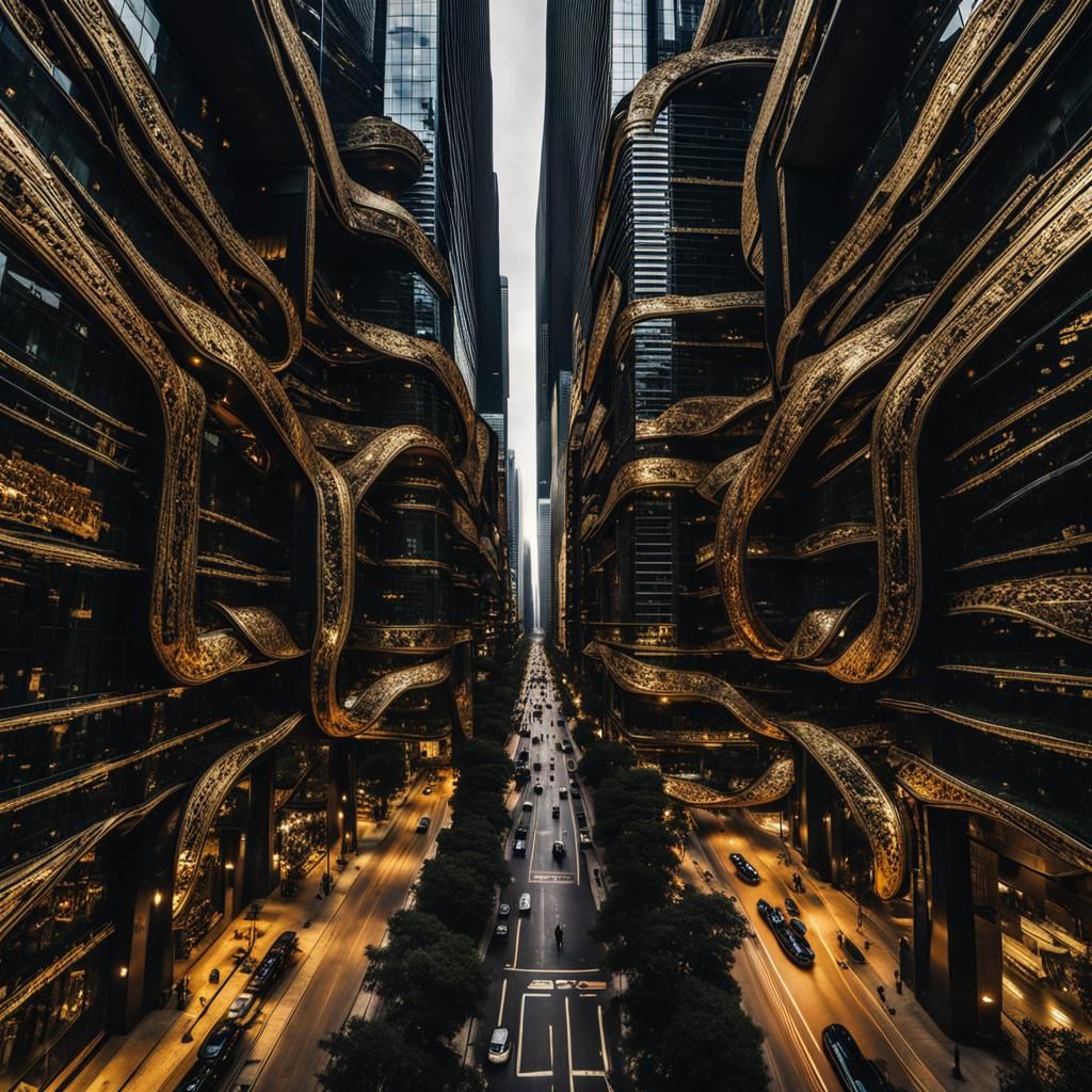 Cyber Techno Armored Buildings on Crowded Street