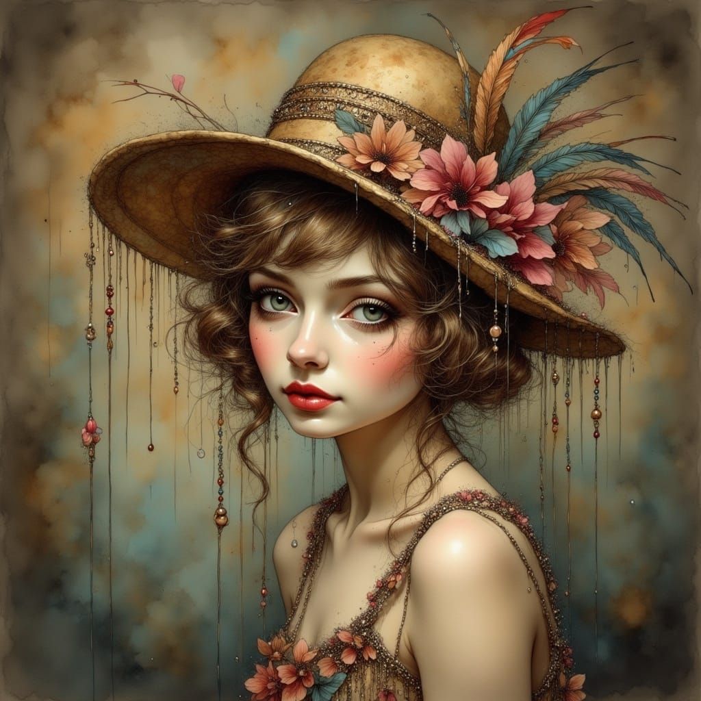 1920s Flapper Girl with Feather Hat in Ink Style