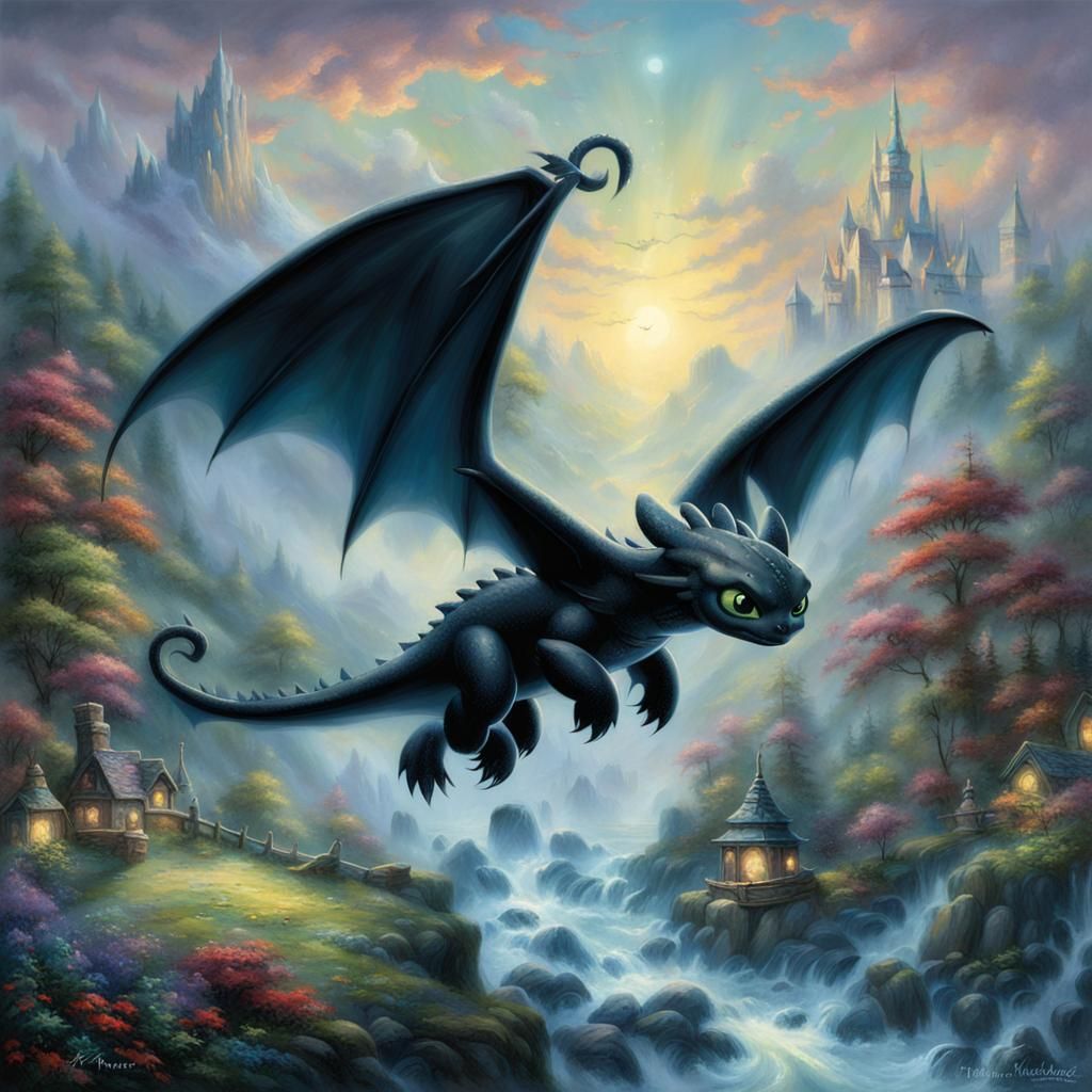 Ethereal Toothless in a Thomas Kinkade Fantasy Landscape