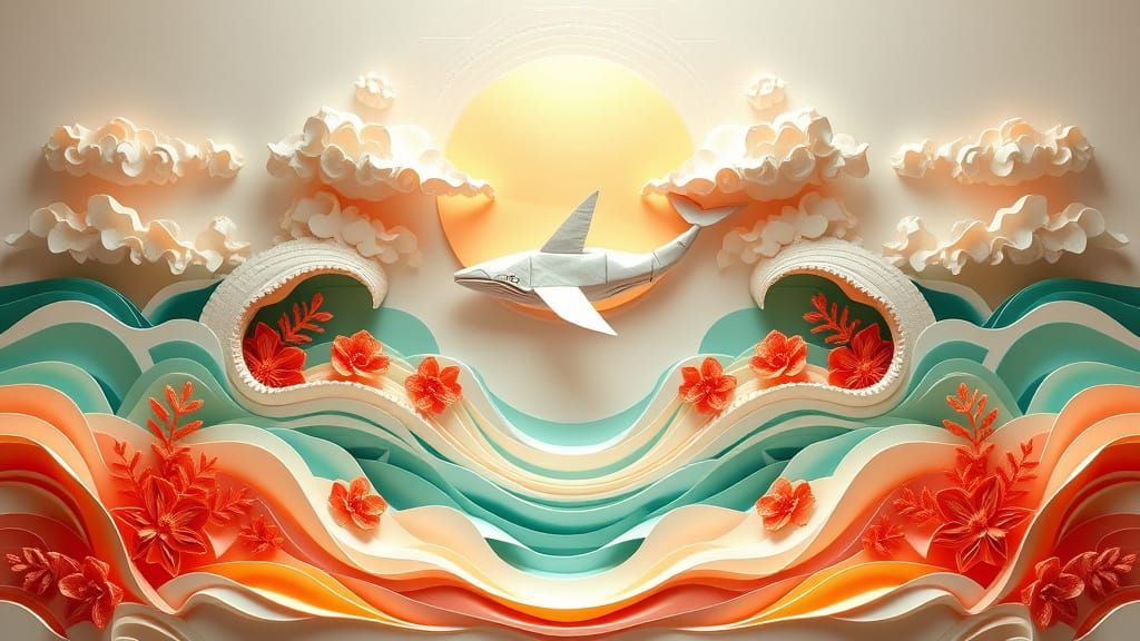 Origami Whale in Luminous Paper Seascape
