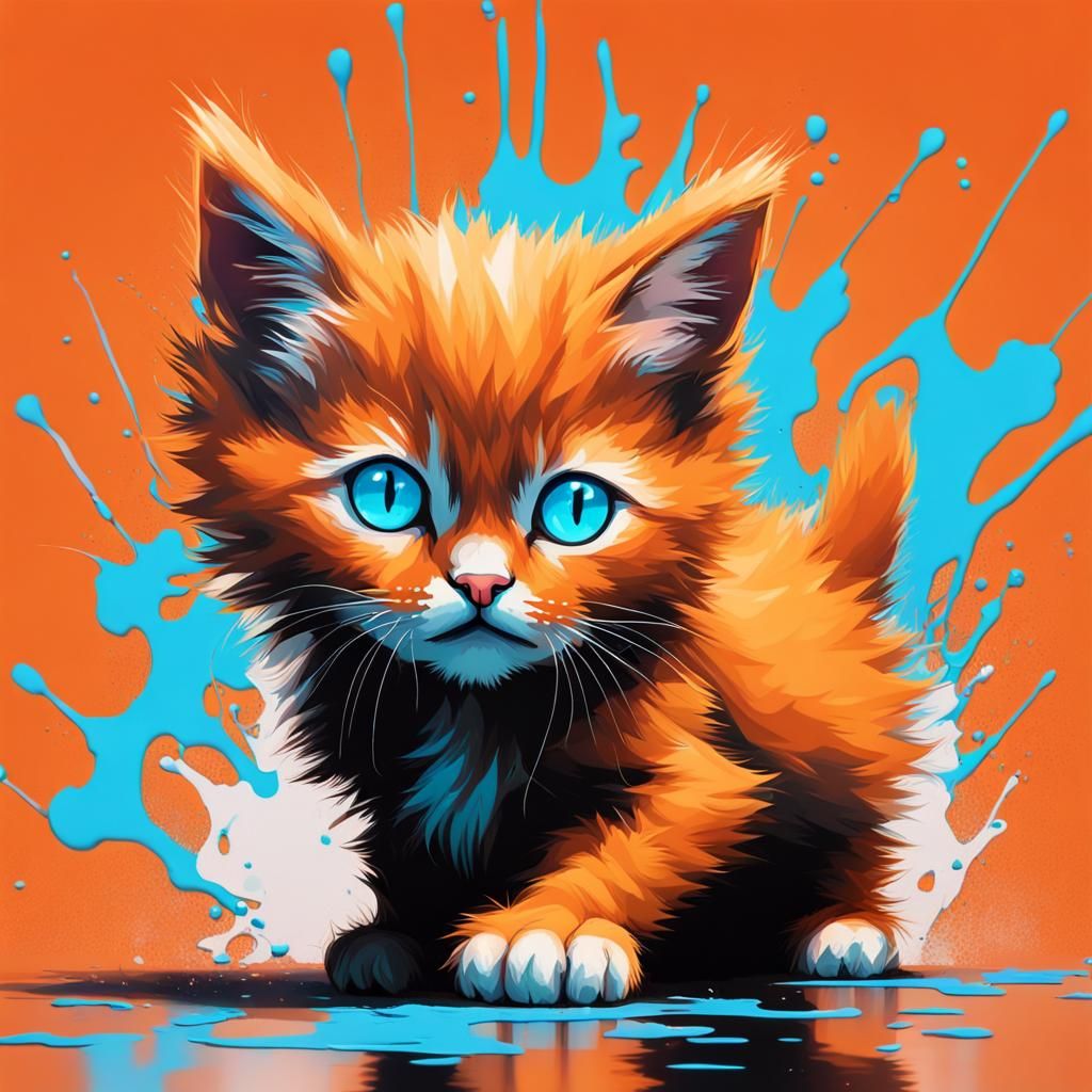 Fluffy Orange Kitten with Blue Eyes on Neon