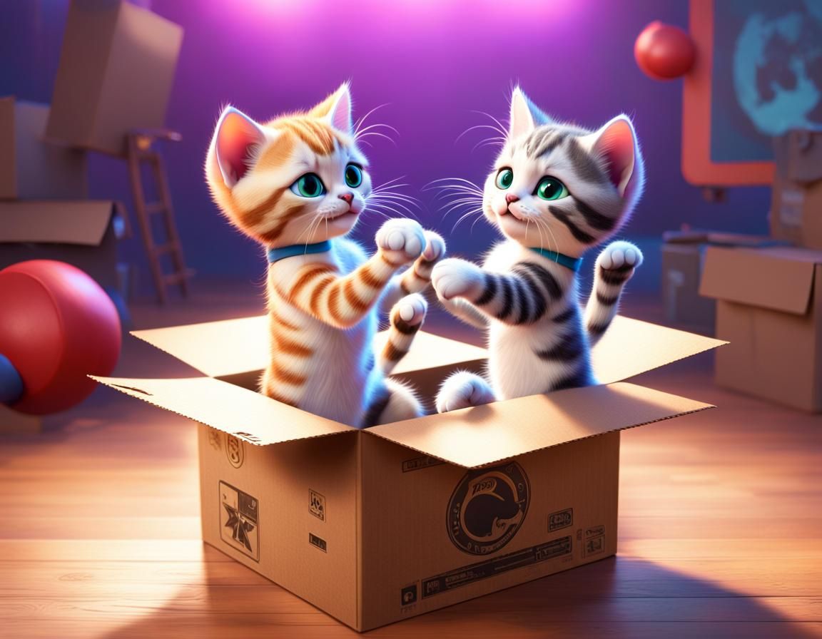 Kittens Boxing in Cardboard Box: Pixar-Style 3D Art