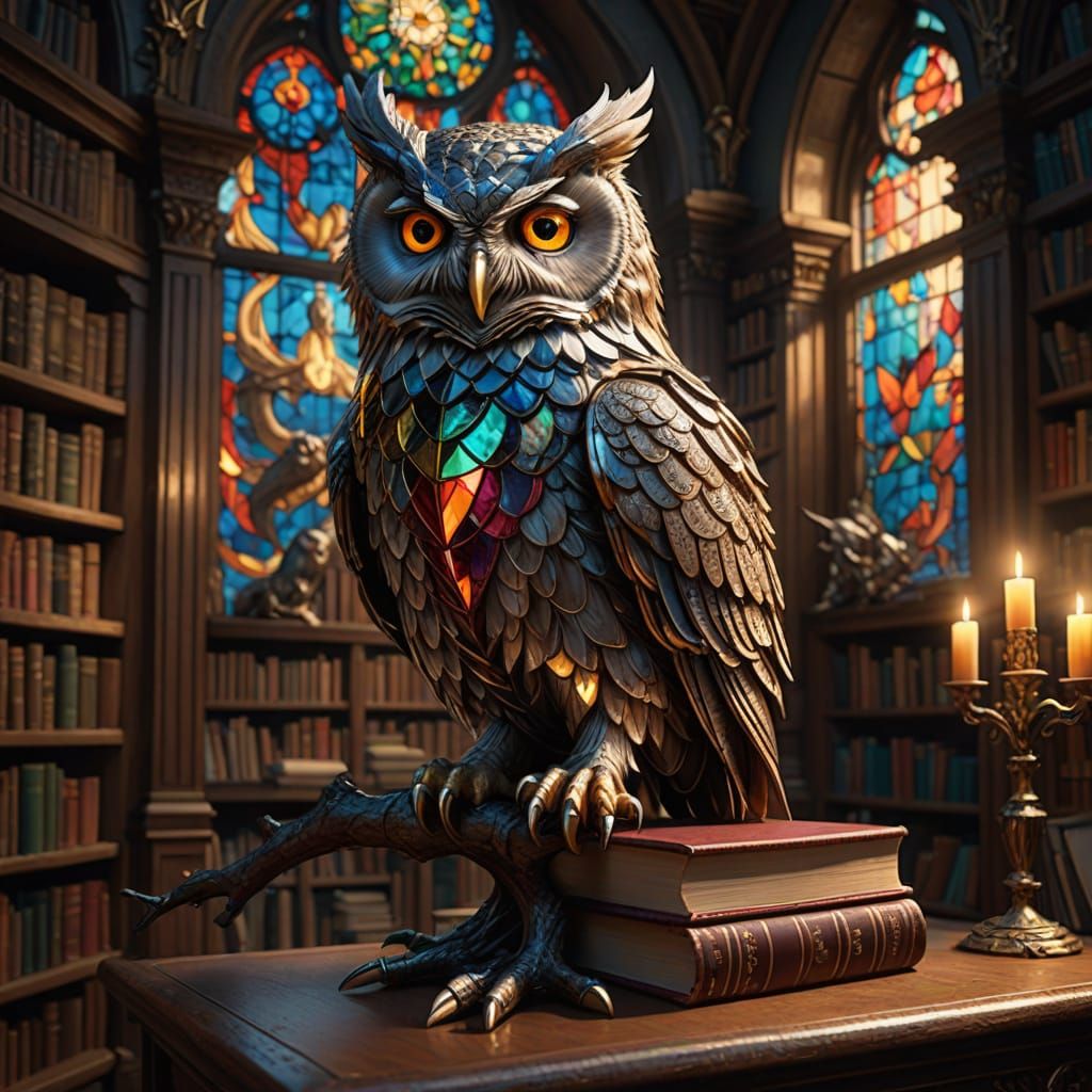 Ancient Owl Reads in Hidden Library with Rococo Splendor