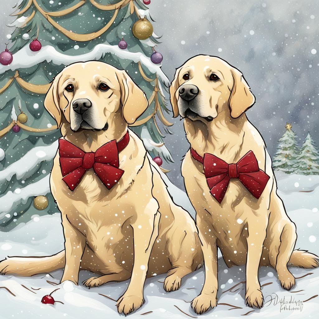Golden Retrievers in Snow with Christmas Tree