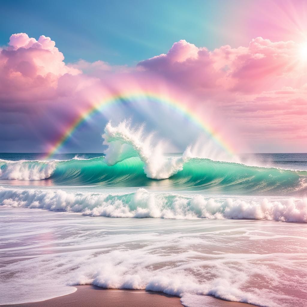 Iridescent Rainbow Ocean Waves in Pastel Hues