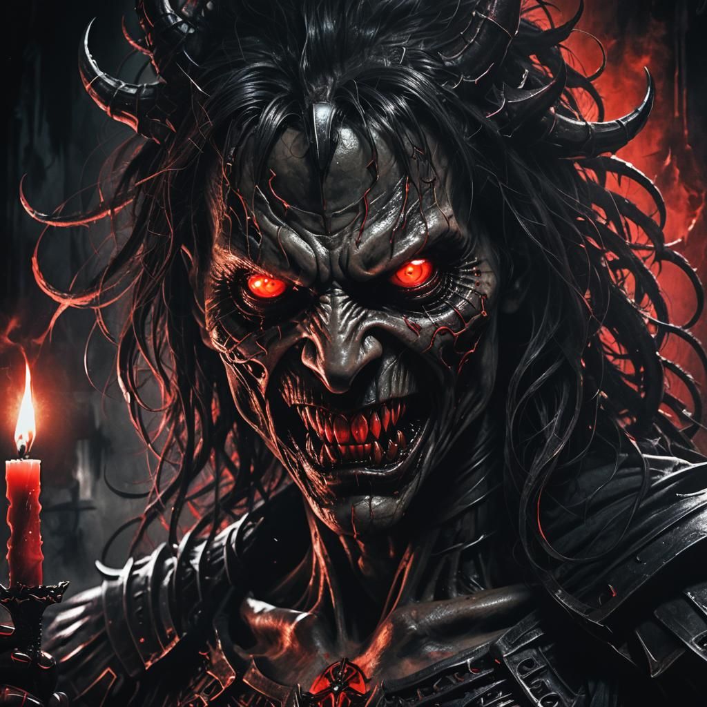 Demonic Portrait with Red Eyes in Dark Fantasy Style