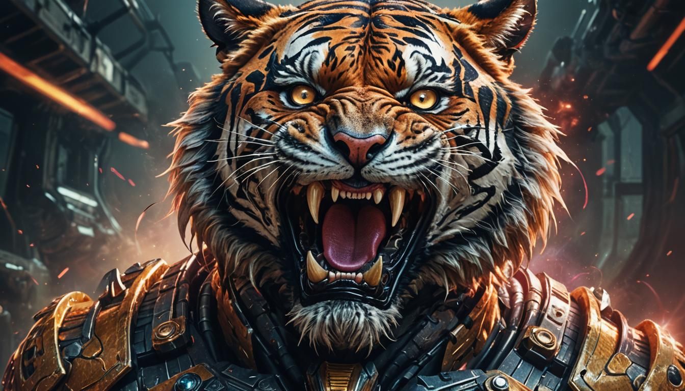 Tiger Humanoid Warrior in Space Armor, Sneering with Fierce....