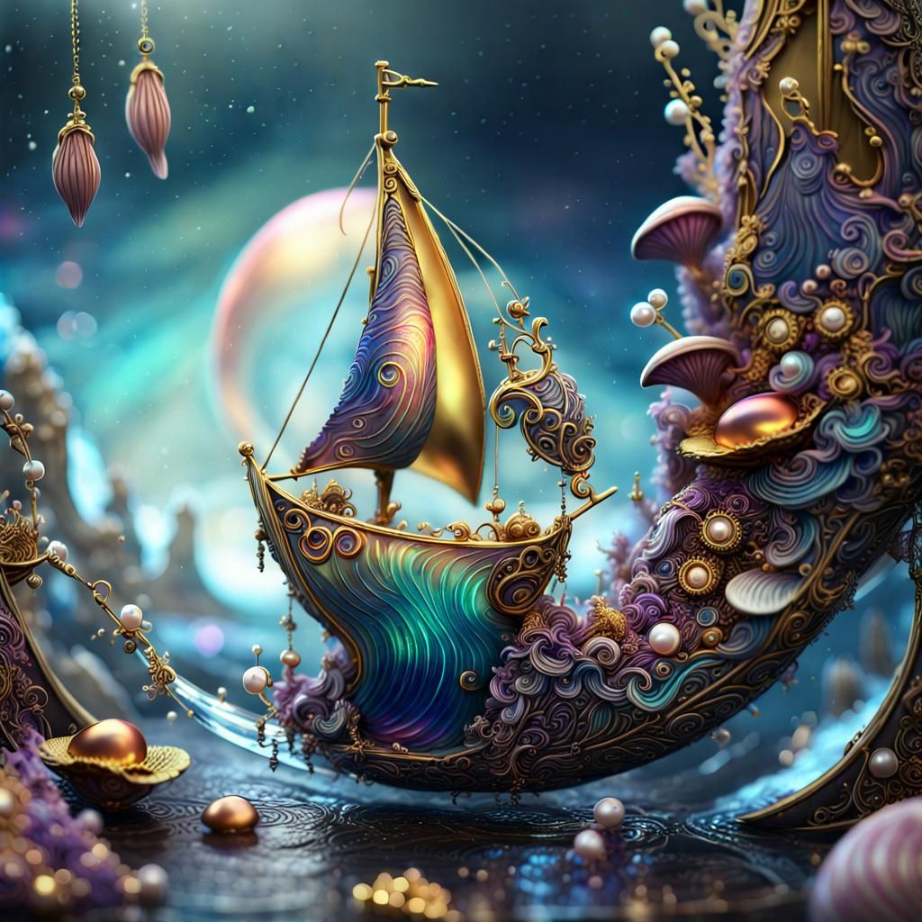 Magical Micro-World with Sea Fairies and Sailboat