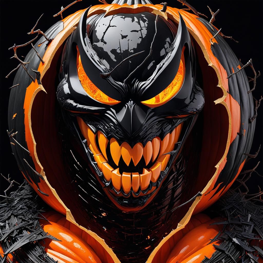 Glitch Art: Jack-o'-Lantern Venom Hybrid Portrait
