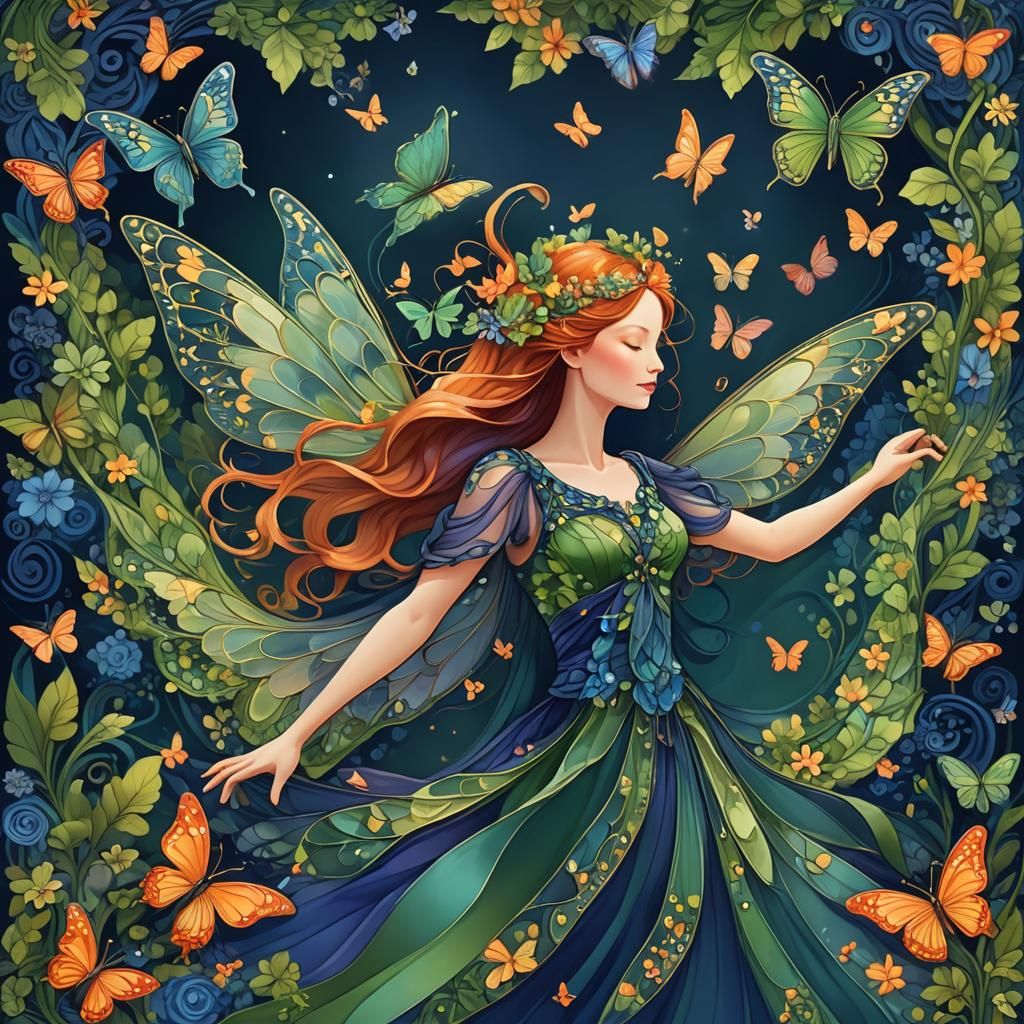 Elegant Fairy Surrounded by Flowers in Abstract Vector Style