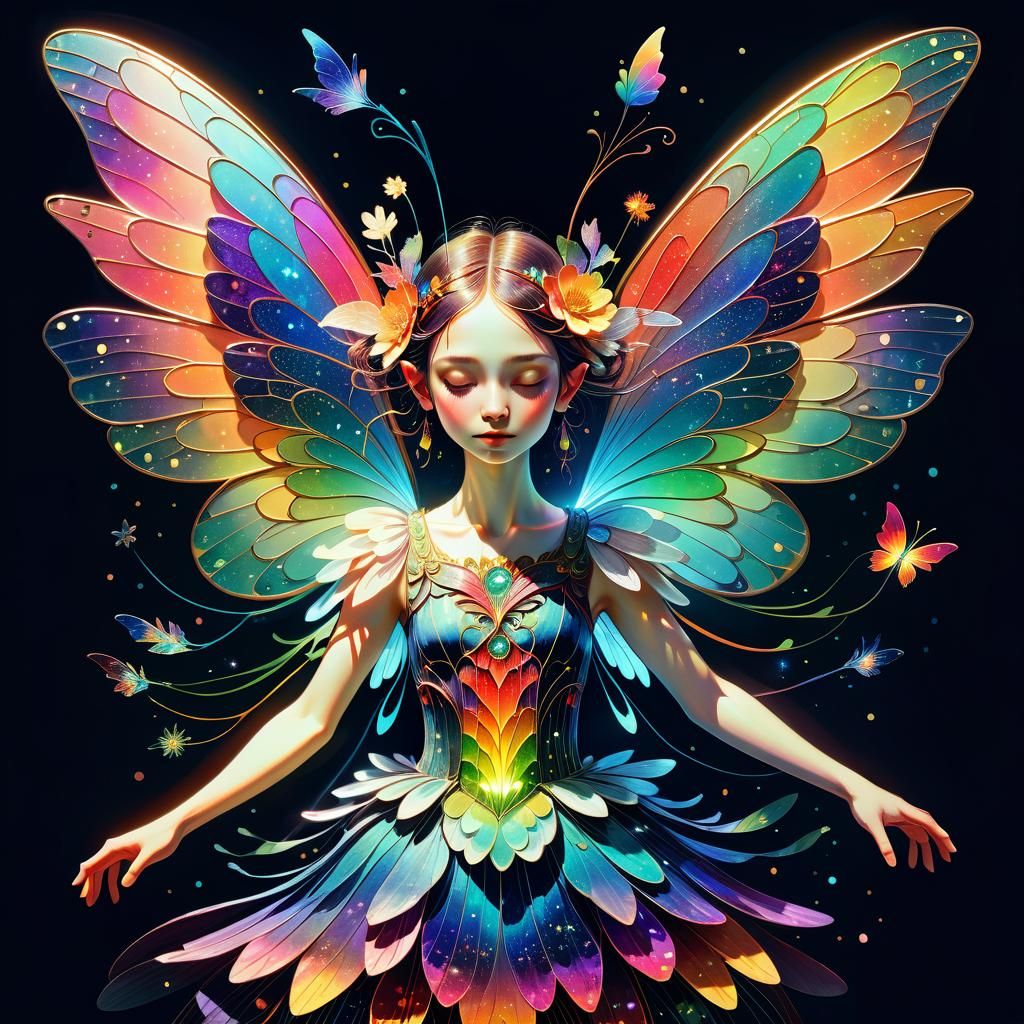 Luminous Fairy with Rainbow Wings and Flowers