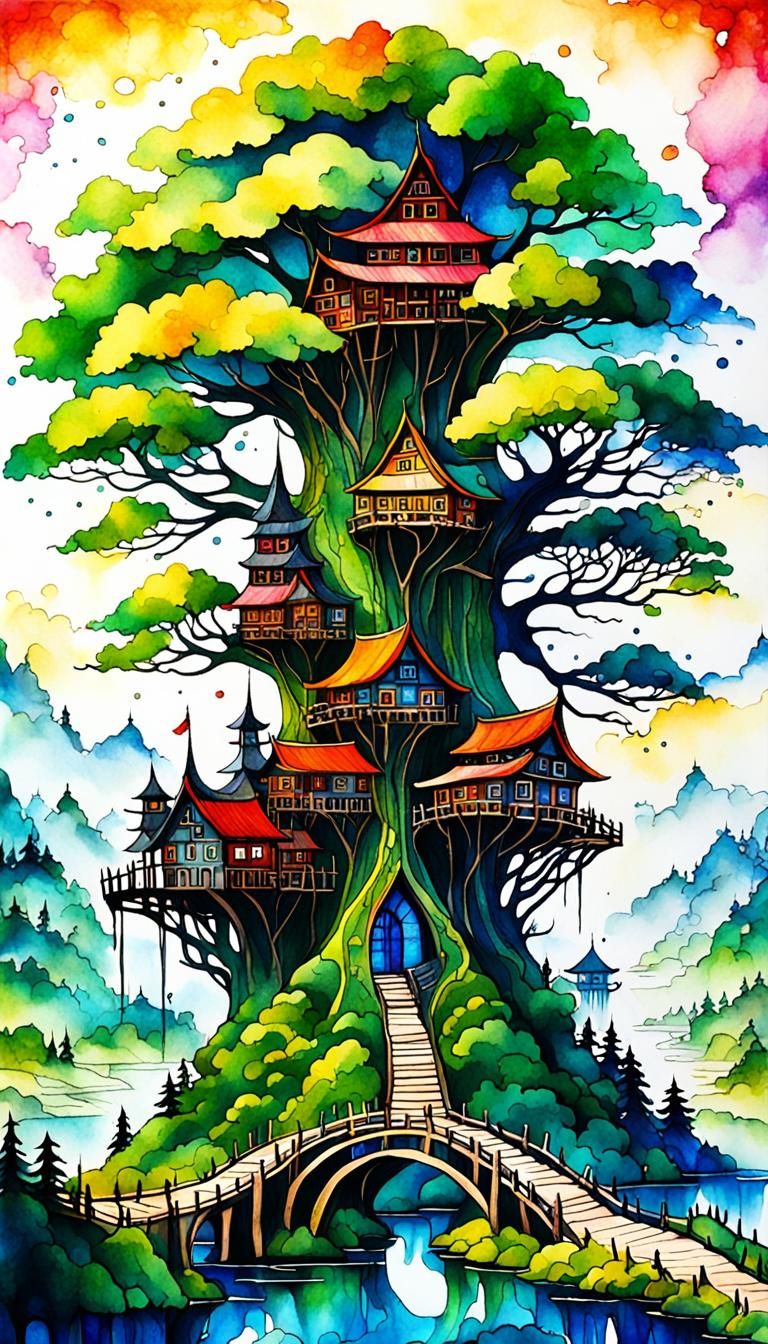 Fantasy World Tree and Village: Alcohol Ink Art