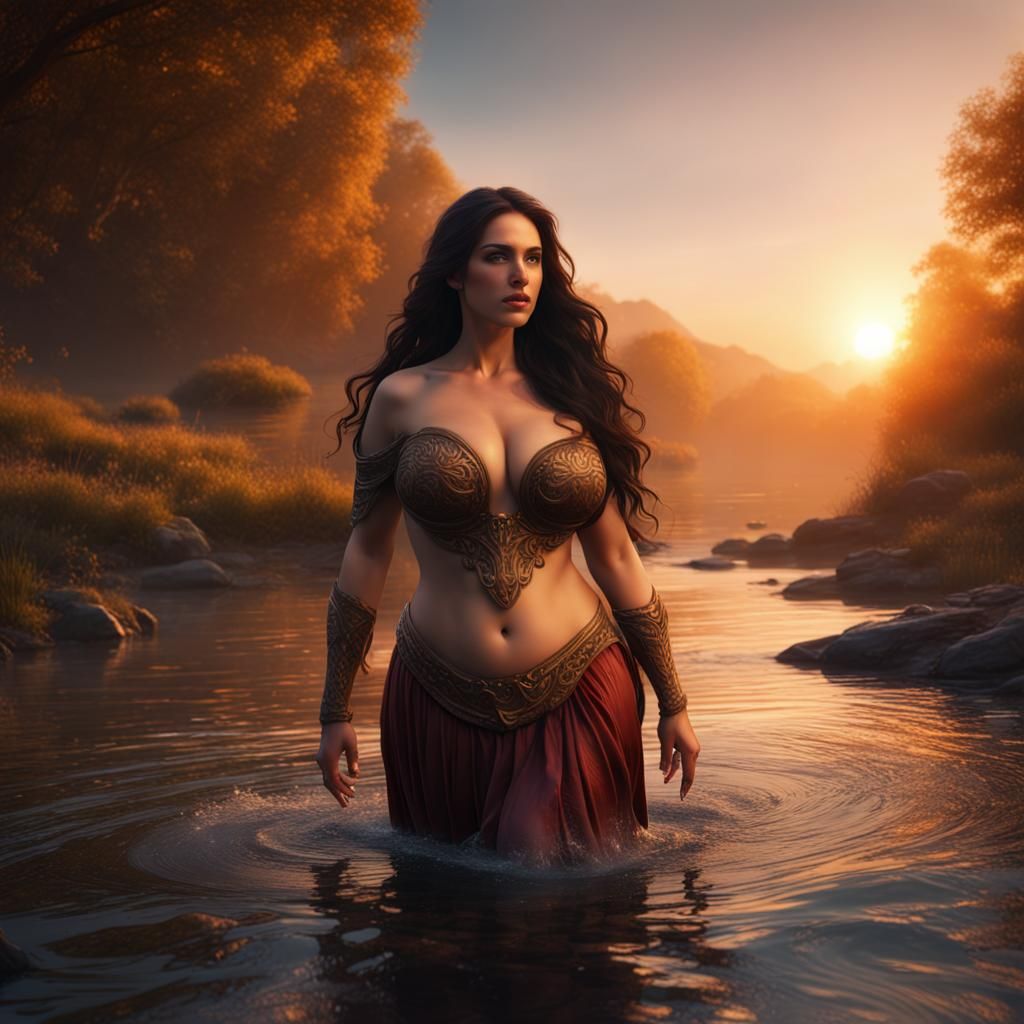 Curvy Beauties Walking Through River at Sunset