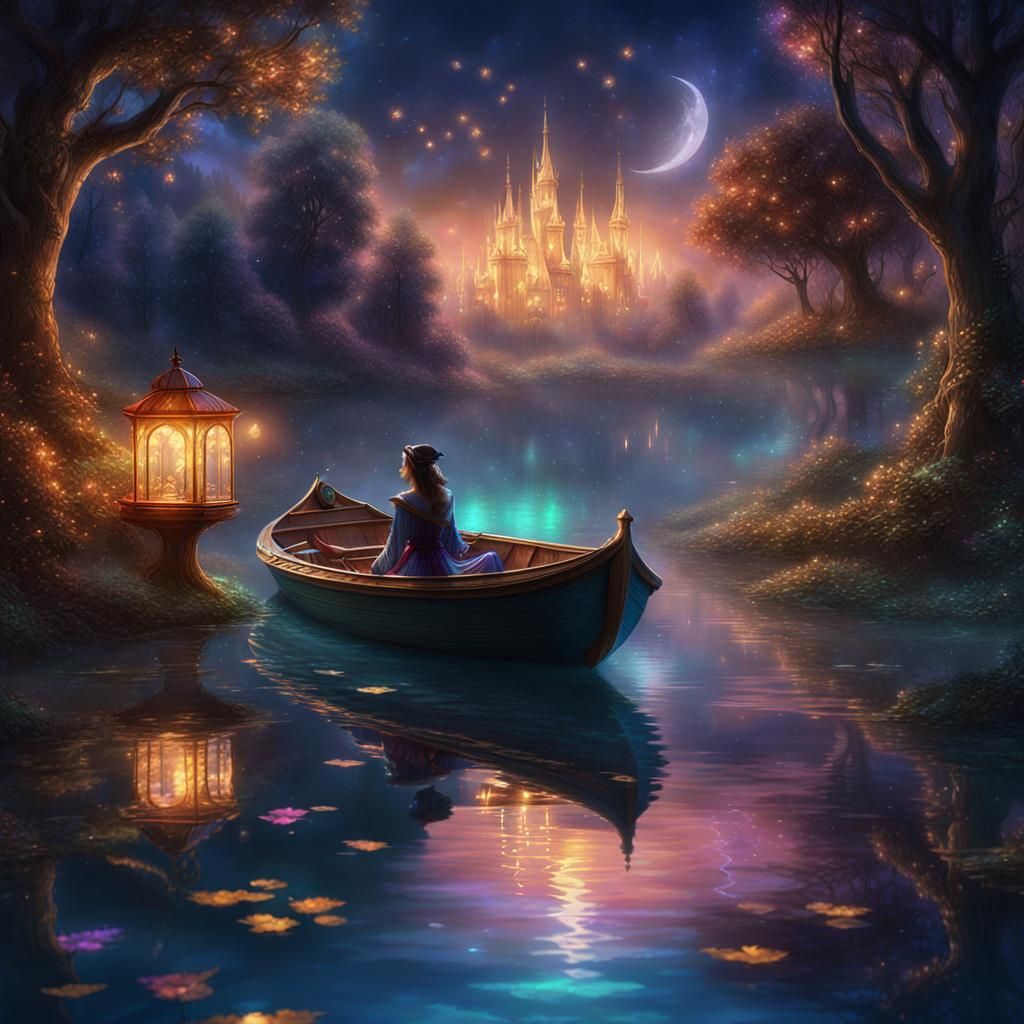 Fairytale Lake: Woman in Boat Amidst Lights