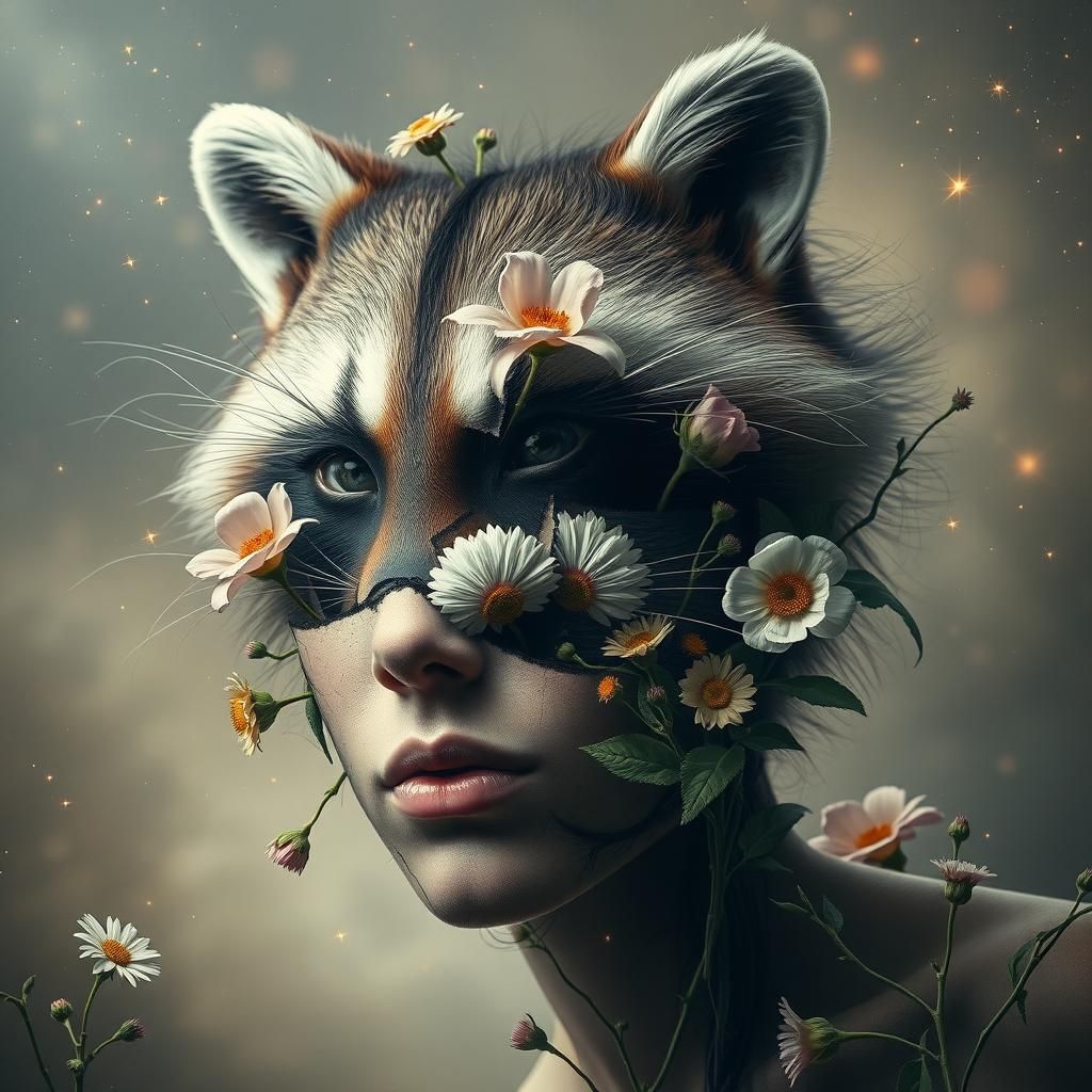 Surreal Cosmic Portrait: Raccoon Face Morph with Stars and F...