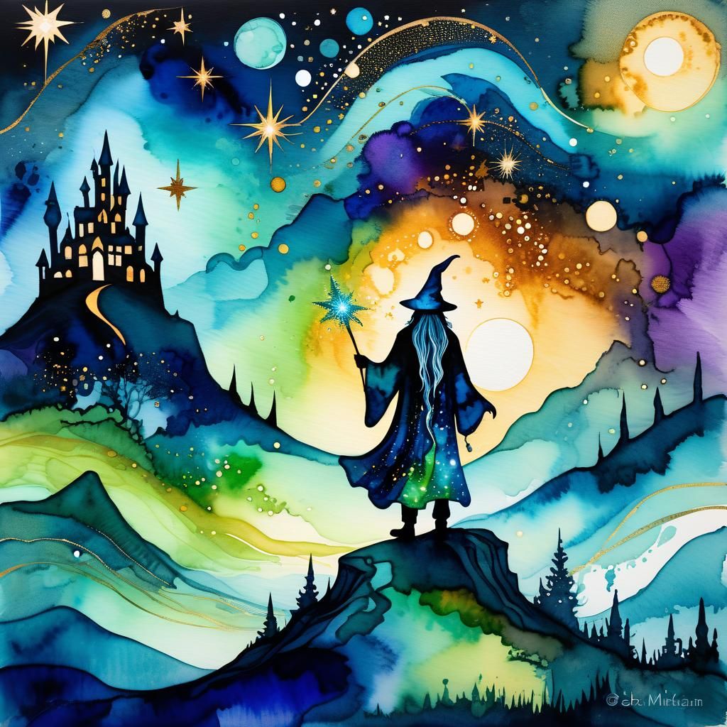 Mysterious Wizard on Hilltop Under Stars