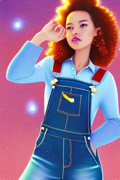 Cute Curly Girl in Overalls, Pixar Style