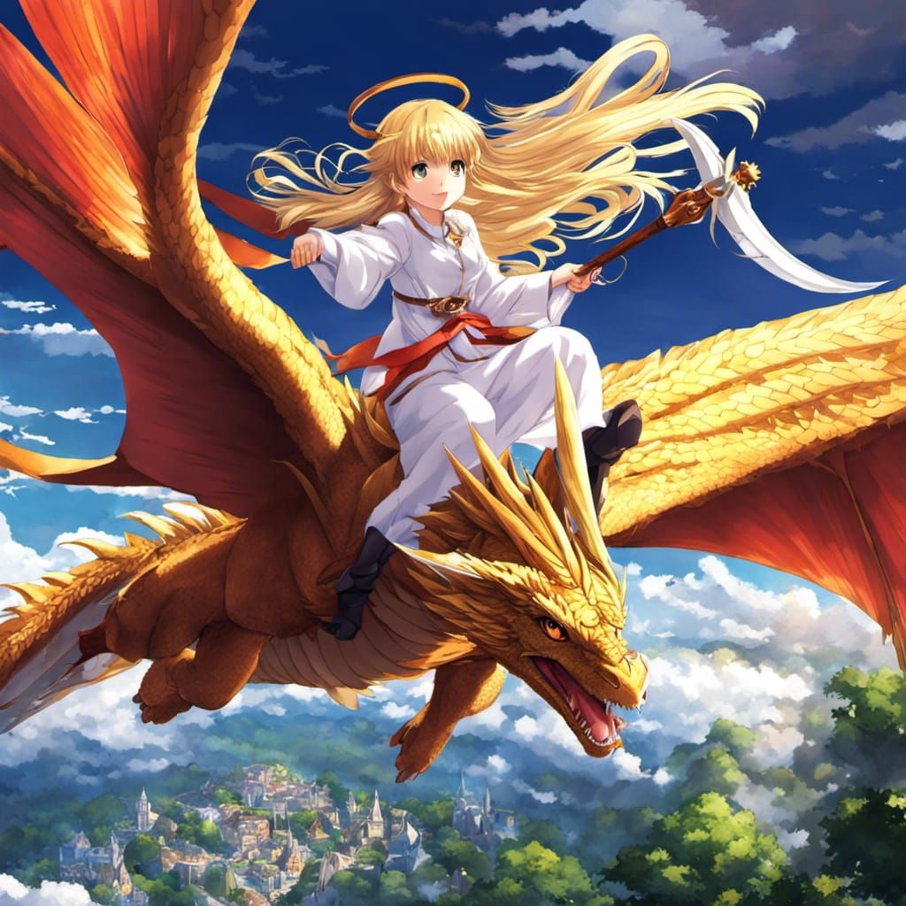 Anime Angel Girl Soaring on Dragon