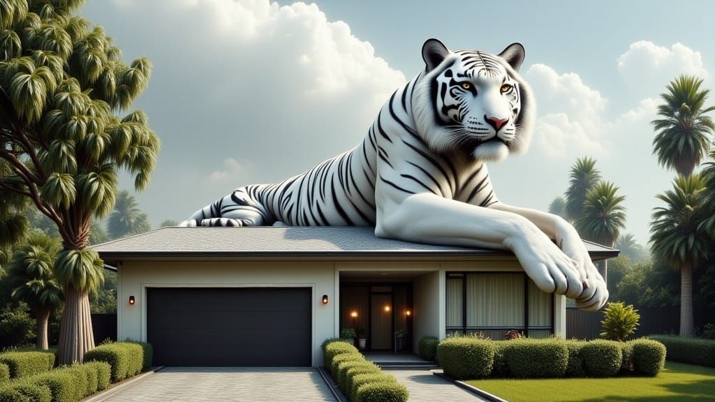 Majestic White Tiger on Suburban House, Futuristic Realism