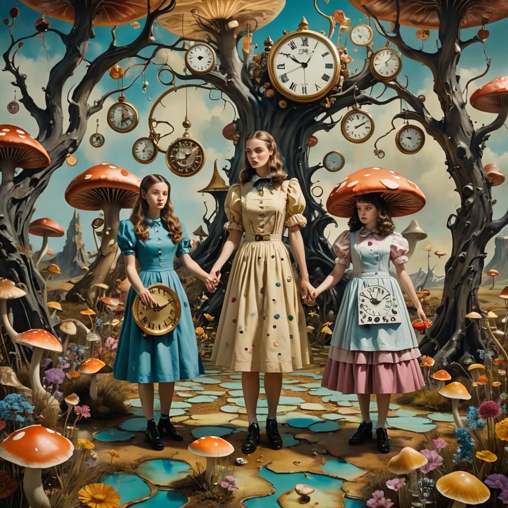 Alice and Dorothy in Surrealist Wonderland Landscape